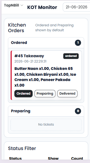 Mobile snapshot for step 4: KOT Prepare / Deliver